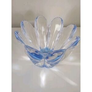 Orrefors Sweden Blue Mayflower Glass Daisy Bowl Signed Heavy Vase Scalloped Edge